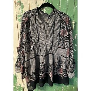 Lucky Brand Black and White Floral Sheer Top Blouse 3X